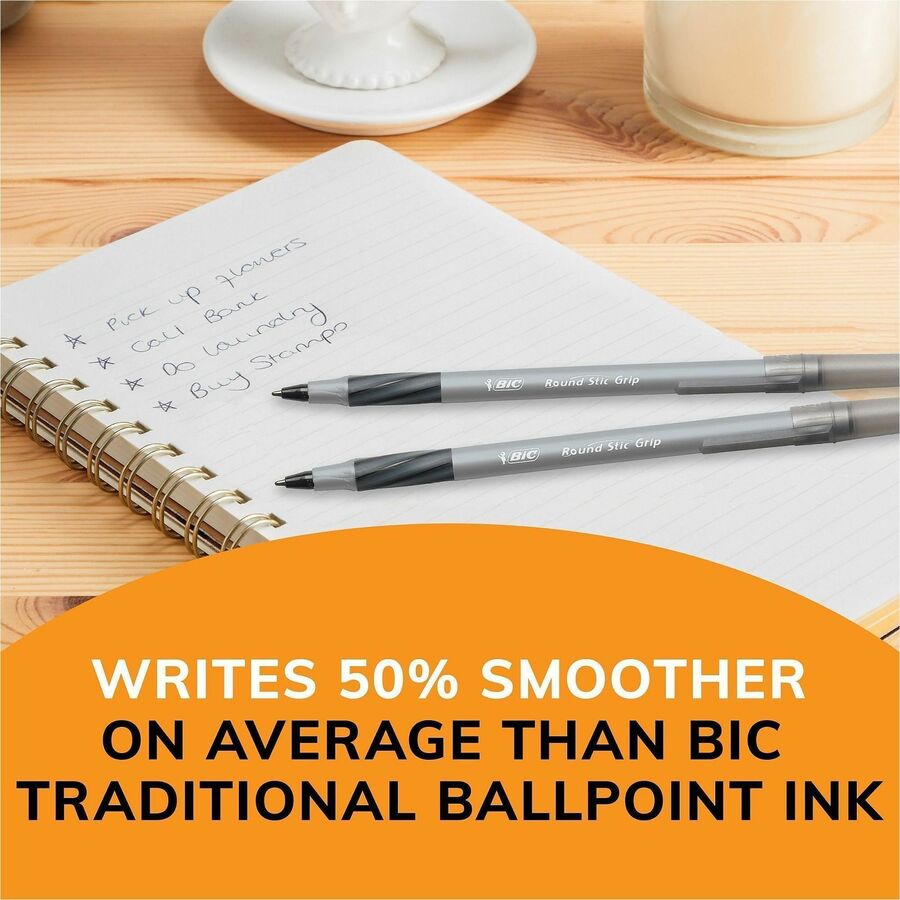 BIC Round Stic Grip Ballpoint Pen - 1.2 mm Medium Pen Point - Black Ink - Brass Tip - 36 / Box