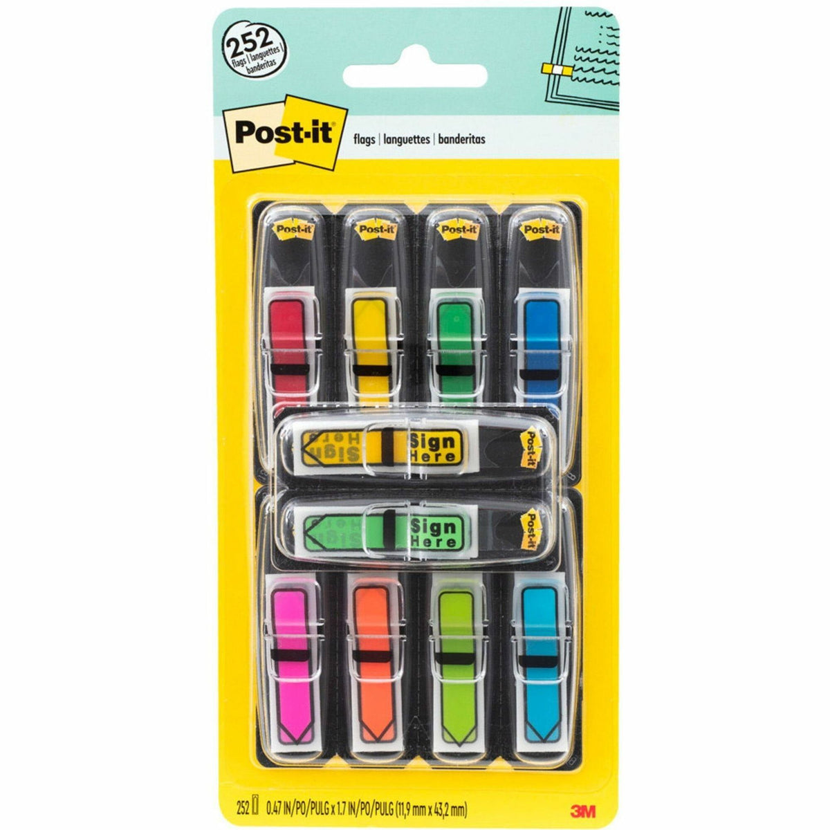 Post-it® Arrow Flags - 1/2" Flag/Note Width - Arrow - Blank and SIGN HERE - Green, Yellow, Blue, Red, Pink - 252 / Pack