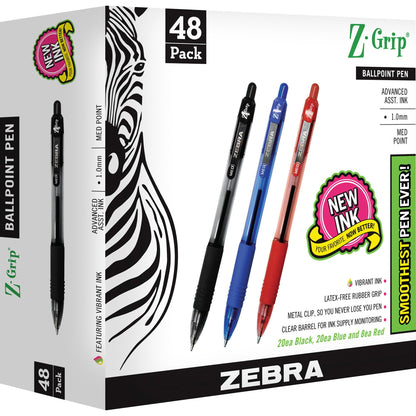Zebra Pen Z-Grip Retractable Ballpoint Pens - 1 mm Medium Pen Point - Retractable - Assorted Ink - Clear Plastic Barrel 