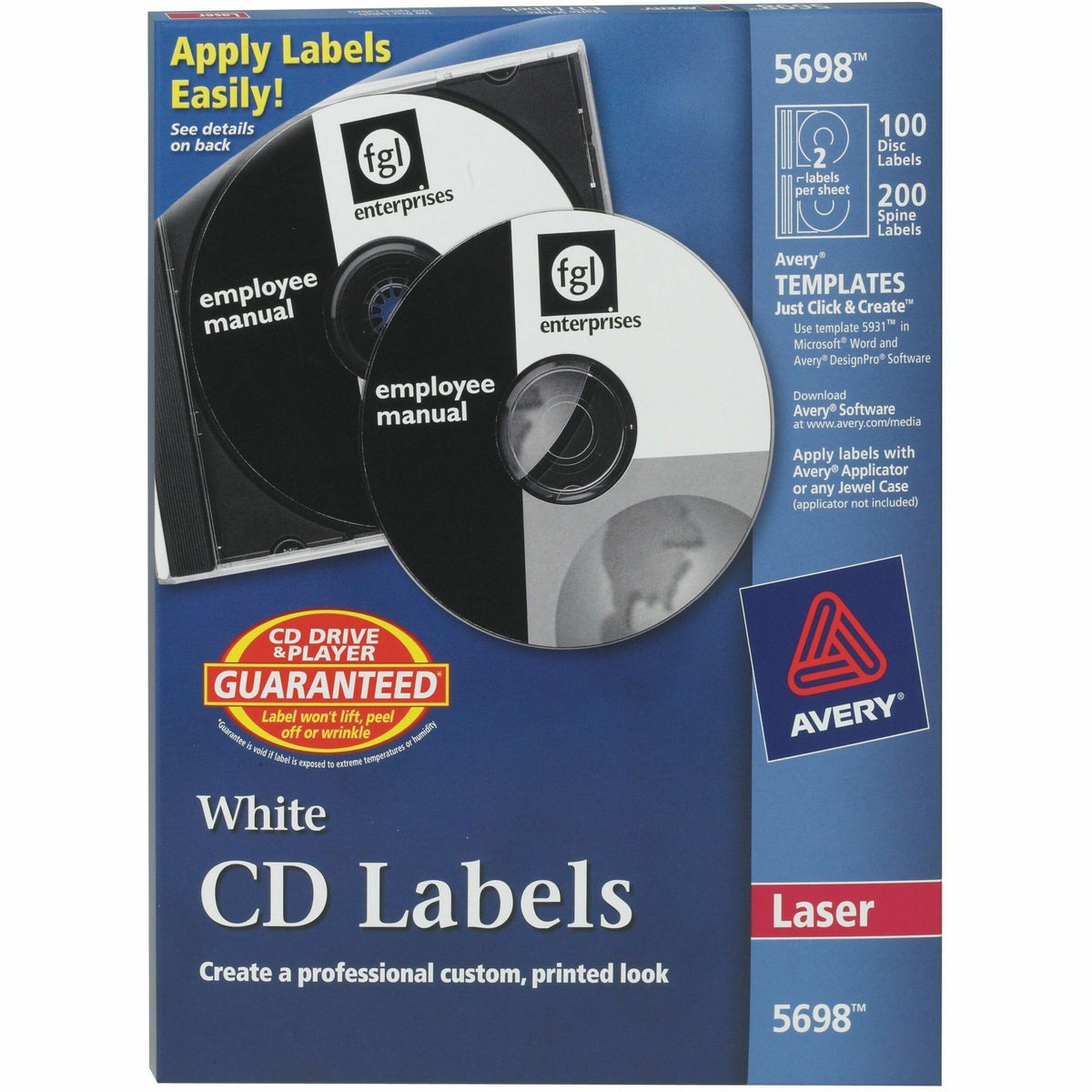 Avery® Optical Disc Label - Permanent Adhesive - Laser - Matte - Matte White - Paper - 2 / Sheet - 50 Total Sheets - 100