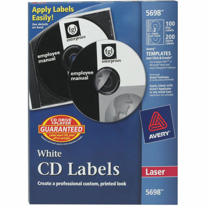 Avery® Optical Disc Label - Permanent Adhesive - Laser - Matte - Matte White - Paper - 2 / Sheet - 50 Total Sheets - 100