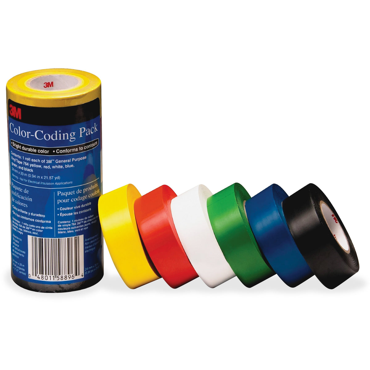 3M Vinyl Tape 764 Color-coding Pack - 21.87 yd Length x 0.94" Width x 5 mil Thickness - Multicolor - Rubber - 4 mil - 6 