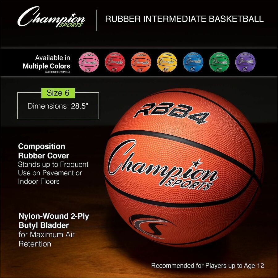 Champion Sports Intermediate Rubber Basketball Orange - 28.50" - 6 - Rubber, Nylon - Orange - 1  Each