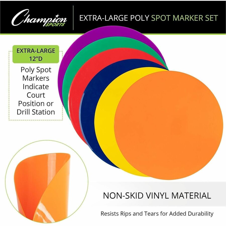 Champion Sports Extra Large Poly Spot Marker Set - Green, Orange, Purple, Red, Blue, Yellow - Vinyl