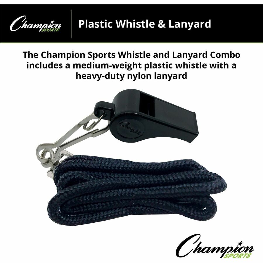 Champion Sports Plastic Whistle/Bulk Lanyard Pack - Black, Silver - Metal, Nylon, Plastic - 12 / Dozen