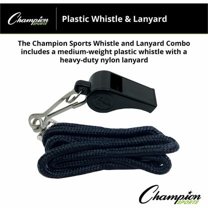 Champion Sports Plastic Whistle/Bulk Lanyard Pack - Black, Silver - Metal, Nylon, Plastic - 12 / Dozen