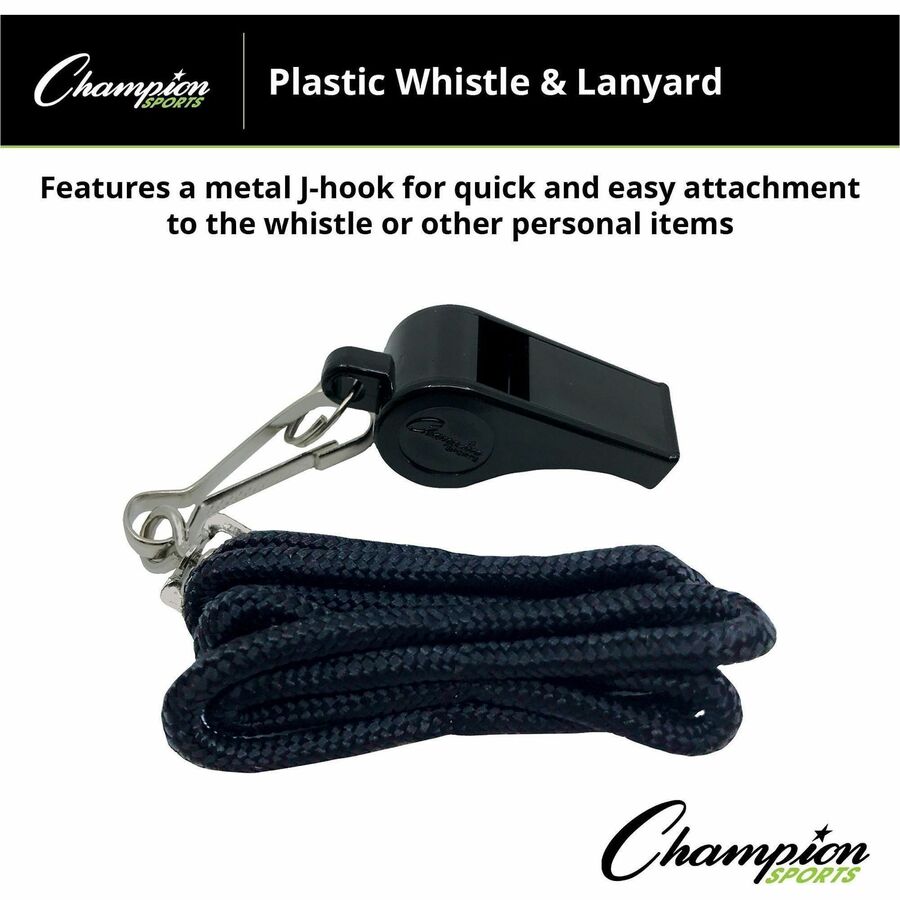 Champion Sports Plastic Whistle/Bulk Lanyard Pack - Black, Silver - Metal, Nylon, Plastic - 12 / Dozen