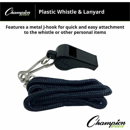 Champion Sports Plastic Whistle/Bulk Lanyard Pack - Black, Silver - Metal, Nylon, Plastic - 12 / Dozen