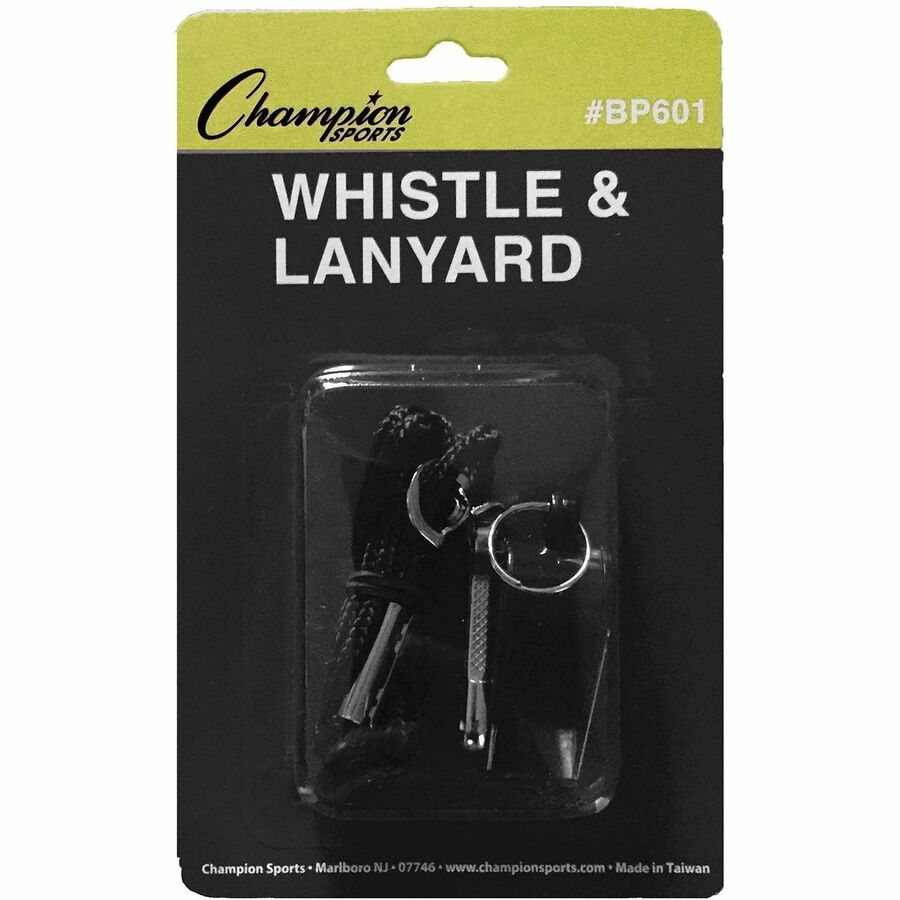 Champion Sports Plastic Whistle/Bulk Lanyard Pack - Black, Silver - Metal, Nylon, Plastic - 12 / Dozen