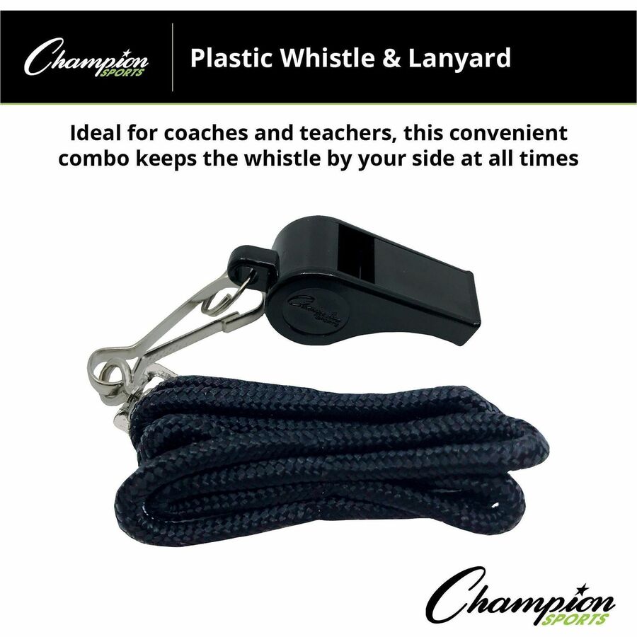 Champion Sports Plastic Whistle/Bulk Lanyard Pack - Black, Silver - Metal, Nylon, Plastic - 12 / Dozen