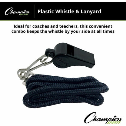 Champion Sports Plastic Whistle/Bulk Lanyard Pack - Black, Silver - Metal, Nylon, Plastic - 12 / Dozen