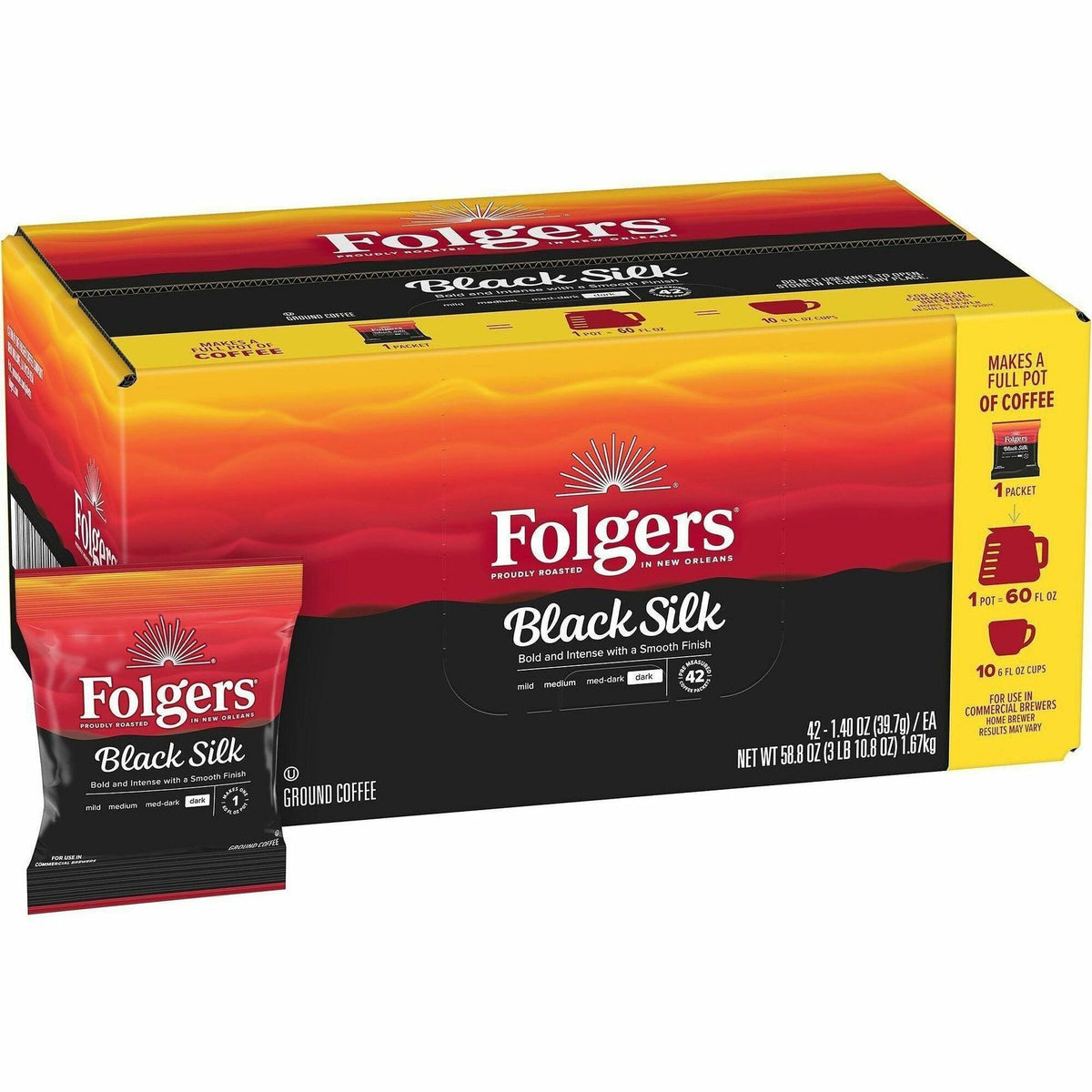 Folgers® Fraction Pack Black Silk Coffee - Regular - Dark - 1.4 oz - Fraction Pack - Black Silk - 42 / Carton