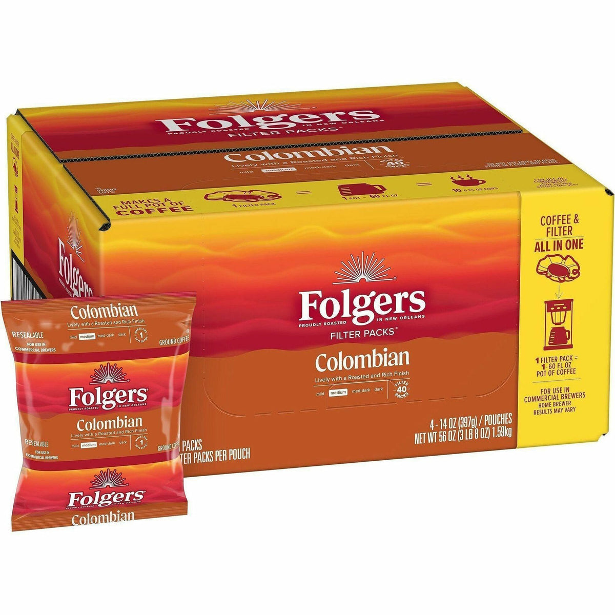 Folgers® Filter Pack Colombian Coffee - Regular - Medium/Dark - 1.4 oz - Filter Pack - Colombian - 40 / Carton