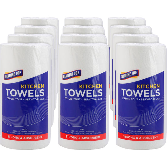Genuine Joe Kitchen Roll Towels - 2 Ply - 8" Width x 11" Length - 250 Sheets/Roll - 1 5/8" Core - White - Paper - 12 / C