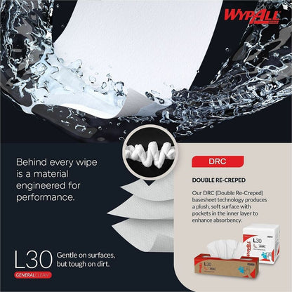 Wypall General Clean L30 Heavy Cleaning Towels - 9.80" Width x 15.20" Length - 300 Sheets/Roll - White - 1 Carton