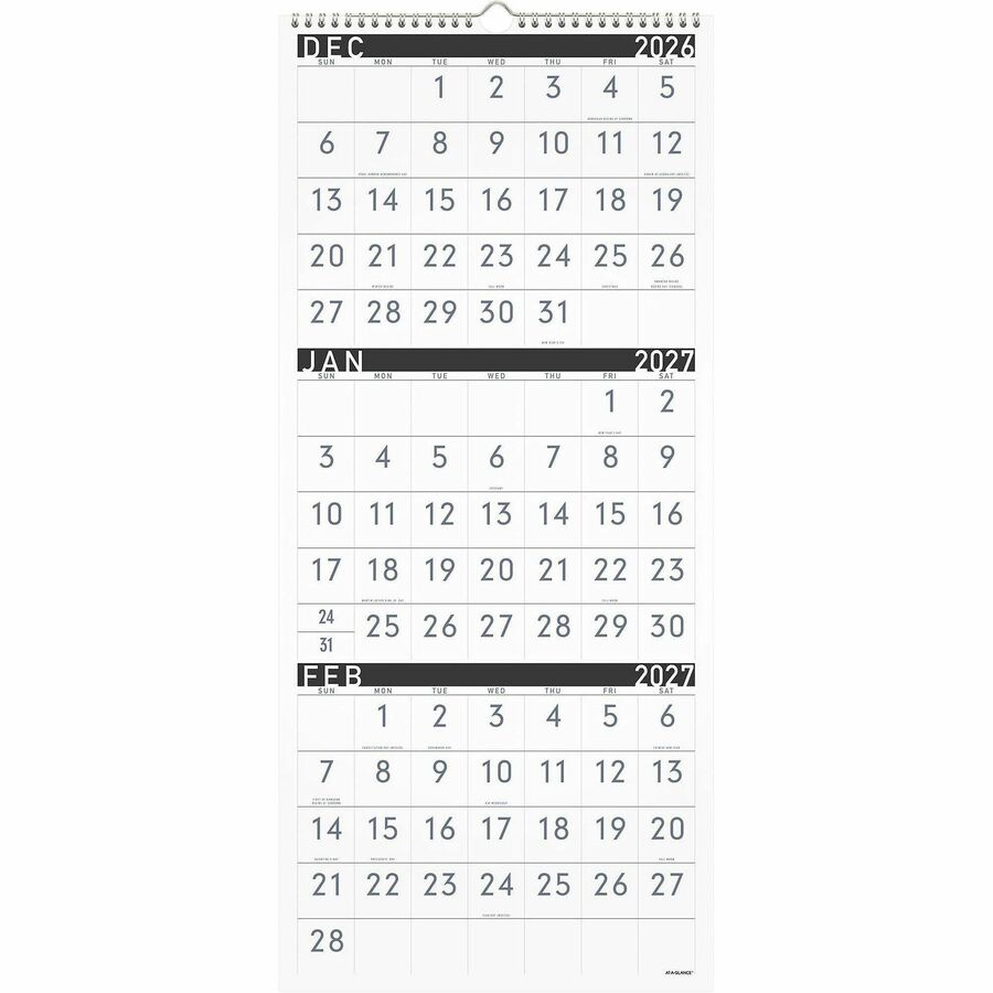 At-A-Glance Contemporary 3-Month Reference Wall Calendar - Large - Monthly - 15 Month - December 2026 to February 2028 -