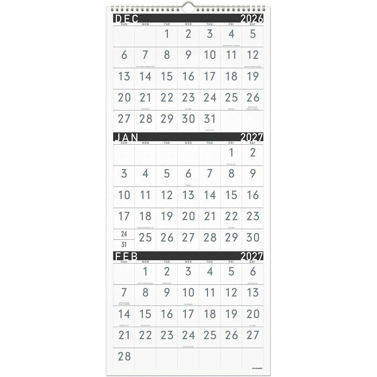 At-A-Glance Contemporary 3-Month Reference Wall Calendar - Large - Monthly - 15 Month - December 2026 to February 2028 -
