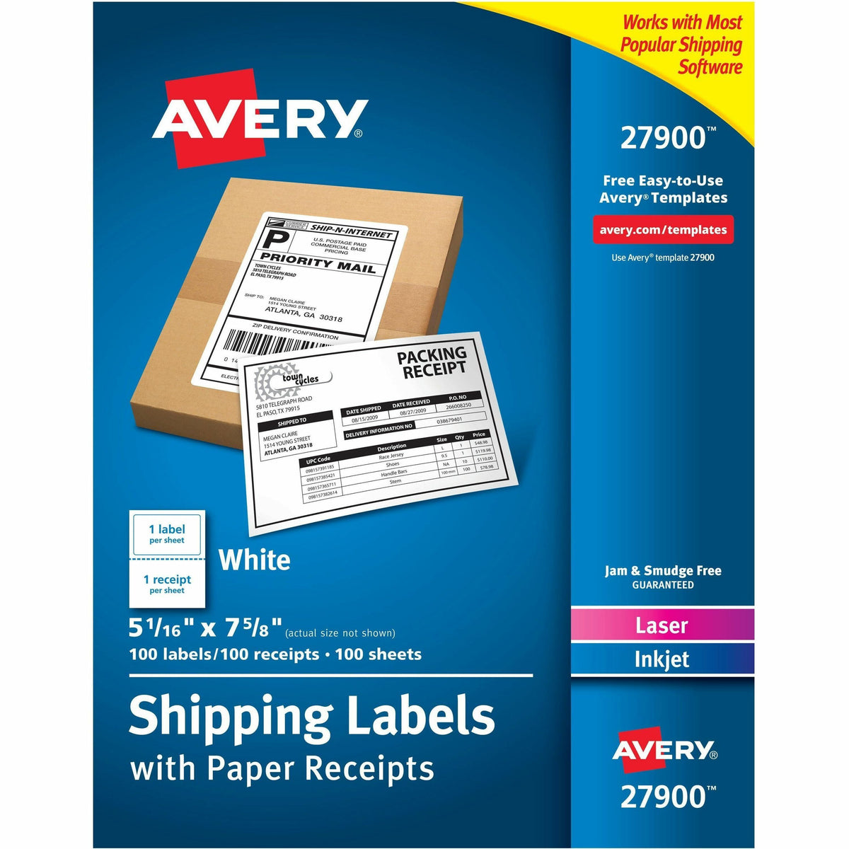 Avery® Shipping Labels with Receipt, 5-1/16" x 7-5/8" 100 Count (27900) - 7 5/8" Length - Permanent Adhesive - Rectangle
