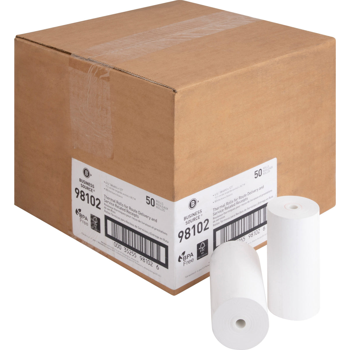 Business Source Portable Printer Receipt Thermal Rolls - 4 19/64" x 127 ft - FSC - White - 50 / Carton