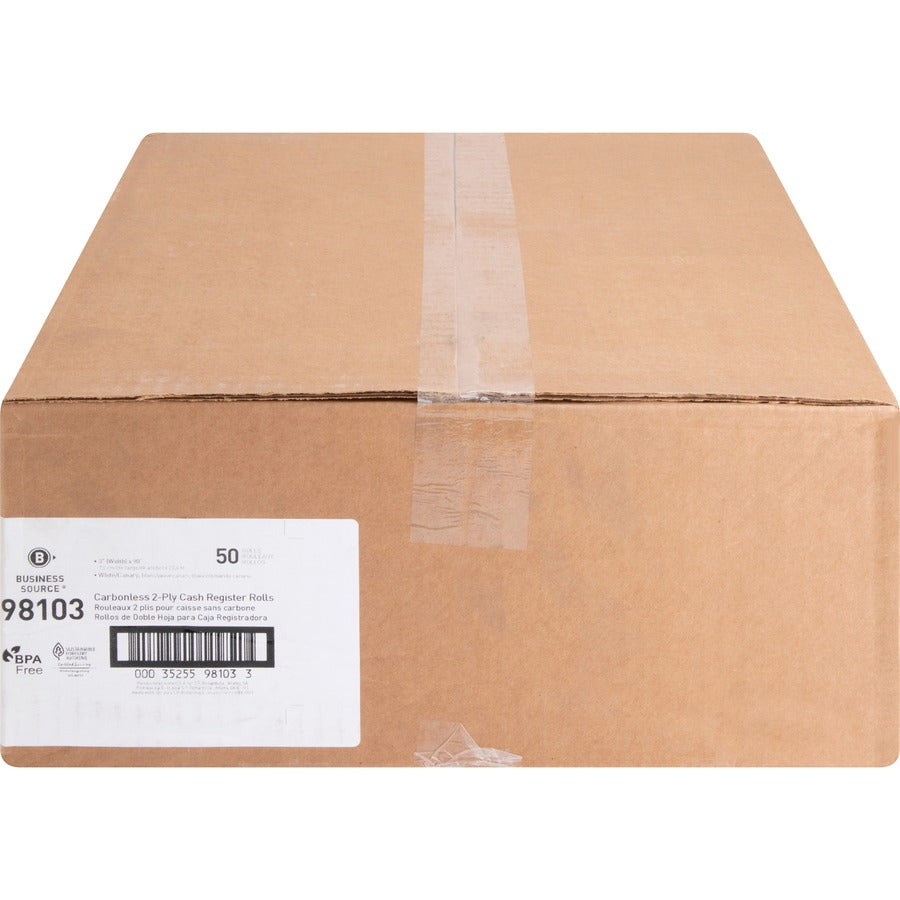 Business Source 2-part Carbonless Cash Register Rolls - 3" x 90 ft - Sustainable Forestry Initiative (SFI) - White - 50 