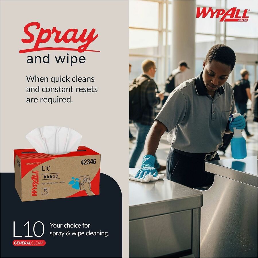 Wypall GeneralClean L10 Light Cleaning Towels - 10.25" Length x 9" Width - Textured, Absorbent - White - 250/Box - 24 / 