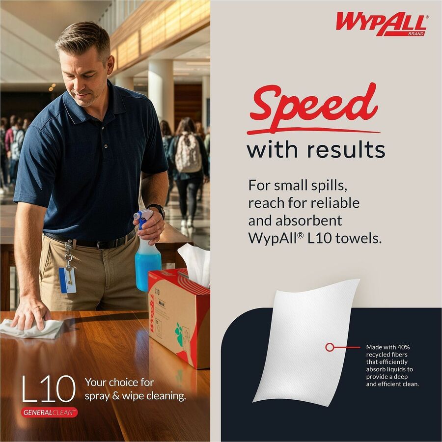 Wypall GeneralClean L10 Light Cleaning Towels - 10.25" Length x 9" Width - Textured, Absorbent - White - 250/Box - 24 / 
