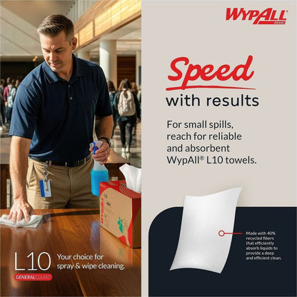 Wypall GeneralClean L10 Light Cleaning Towels - 10.25" Length x 9" Width - Textured, Absorbent - White - 250/Box - 24 / 