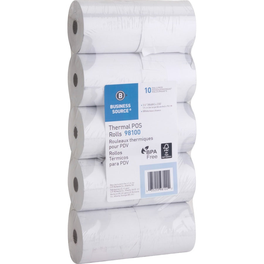Business Source 3-1/8"x230' POS Receipt Thermal Rolls - 3 1/8" x 230 ft - 48 g/m² Grammage - FSC - White - 10 / Pack