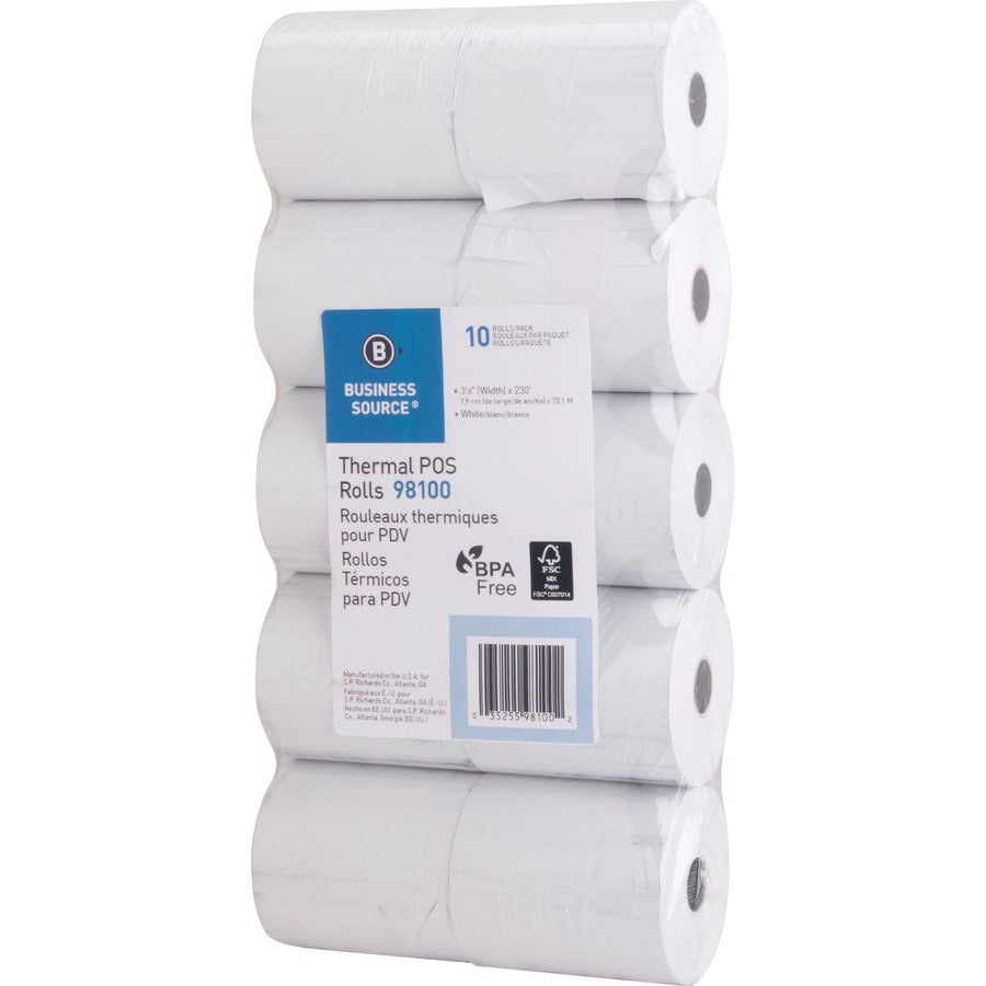 Business Source 3-1/8"x230' POS Receipt Thermal Rolls - 3 1/8" x 230 ft - 48 g/m² Grammage - FSC - White - 10 / Pack