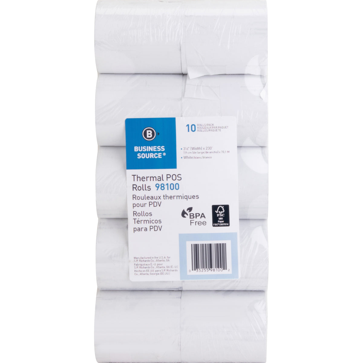 Business Source 3-1/8"x230' POS Receipt Thermal Rolls - 3 1/8" x 230 ft - 48 g/m² Grammage - FSC - White - 10 / Pack