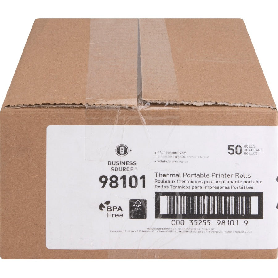 Business Source Portable Printer Thermal Rolls - 2 1/4" x 55 ft - 48 g/m² Grammage - FSC - White - 50 / Carton