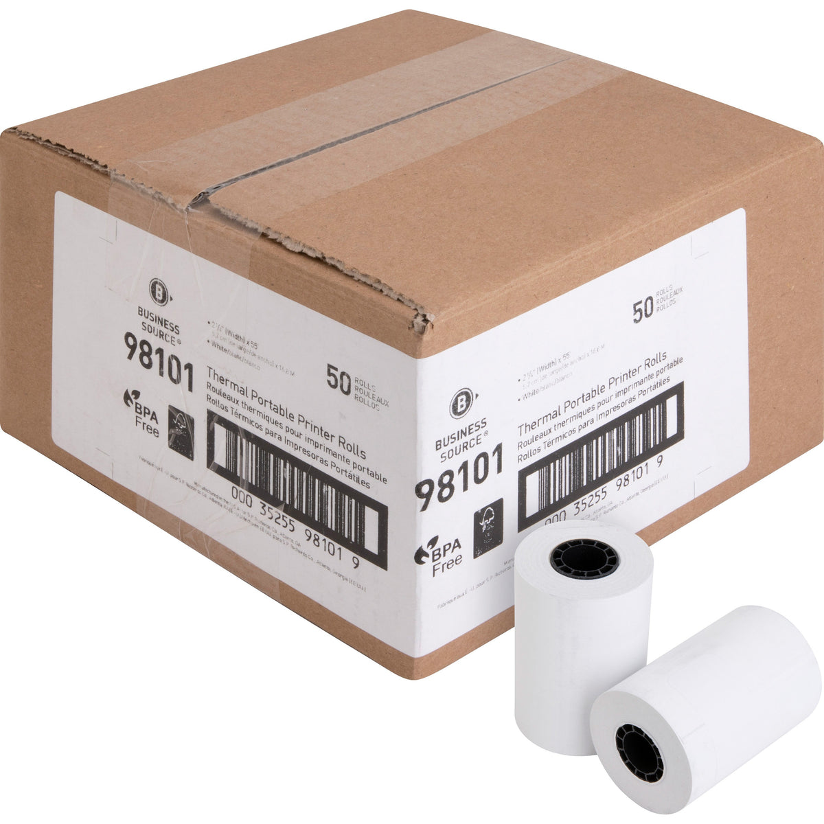 Business Source Portable Printer Thermal Rolls - 2 1/4" x 55 ft - 48 g/m² Grammage - FSC - White - 50 / Carton