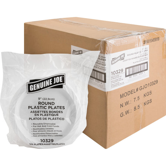 Genuine Joe 9" Reusable Plastic Plates - Serving - Disposable - 9" Diameter - White - Plastic Body - 125/Pack - 4 / Cart