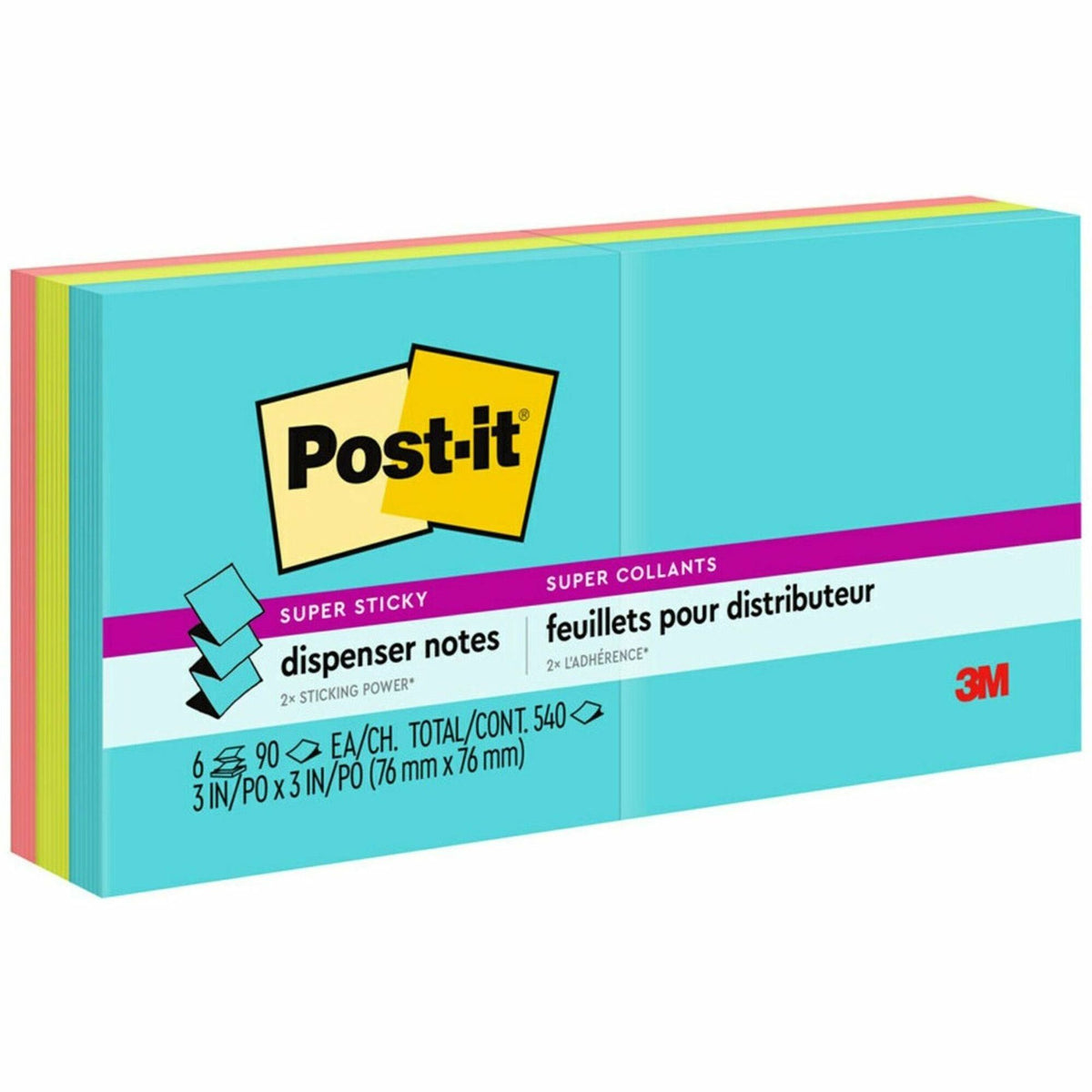 Post-it® Super Sticky Dispenser Notes - Supernova Neons Color Collection - 540 x Multicolor - 3" Flag/Note Width x 3" Fl