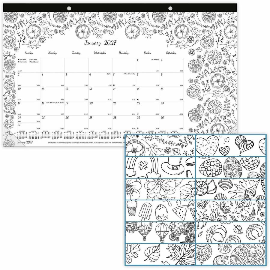Blueline DoodlePlan Compact Desk Pad - Botanica - Monthly - January 2027 to December 2027 - 1 Month Single Page Layout -