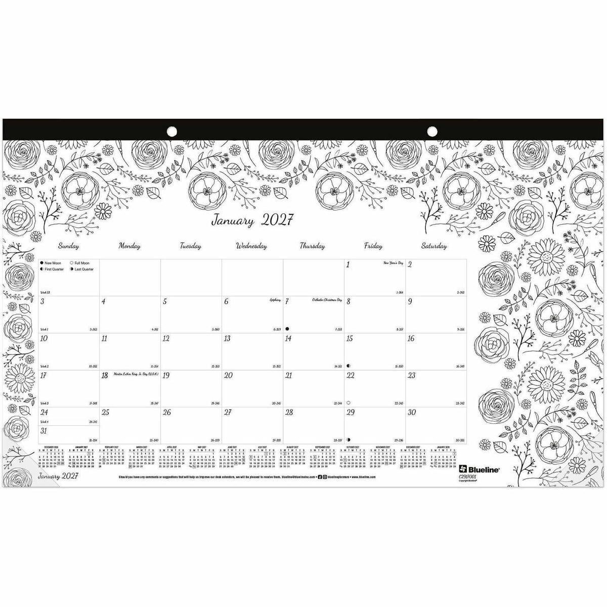 Blueline DoodlePlan Compact Desk Pad - Botanica - Monthly - January 2027 to December 2027 - 1 Month Single Page Layout -