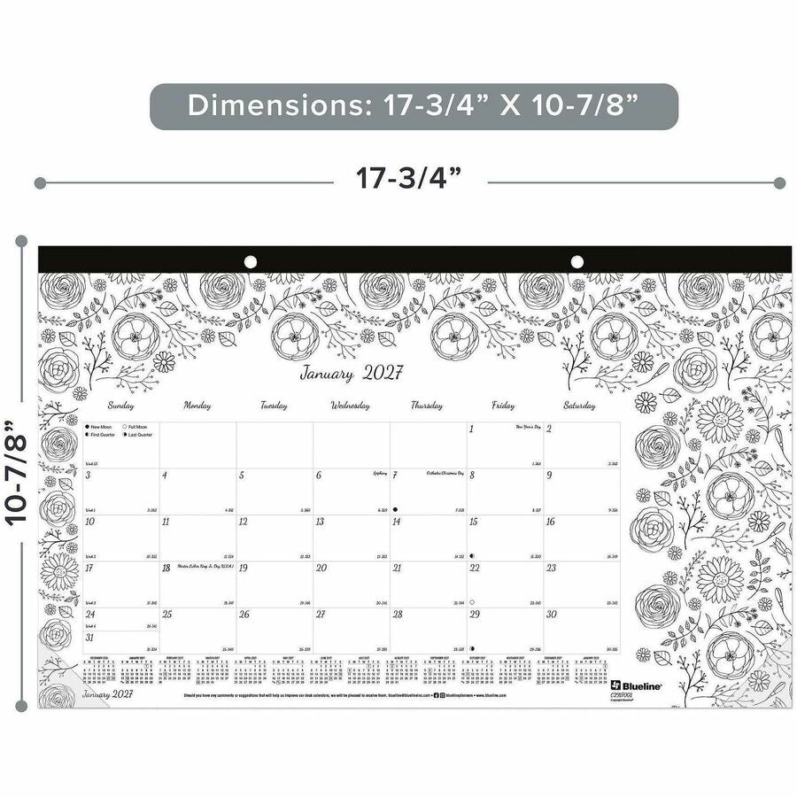 Blueline DoodlePlan Compact Desk Pad - Botanica - Monthly - January 2027 to December 2027 - 1 Month Single Page Layout -