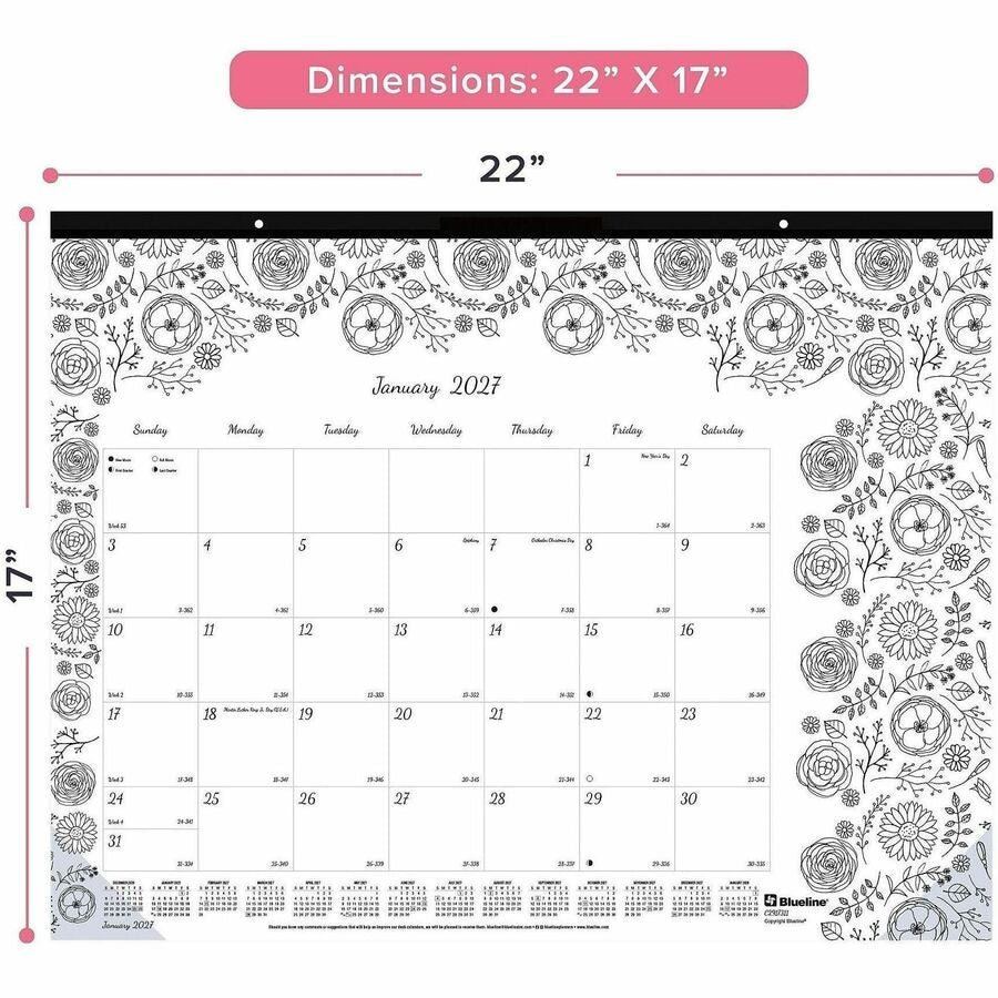 Blueline DoodlePlan Desk Pad - Botanica - Julian Dates - Monthly - January 2027 to December 2027 - 1 Month Single Page L