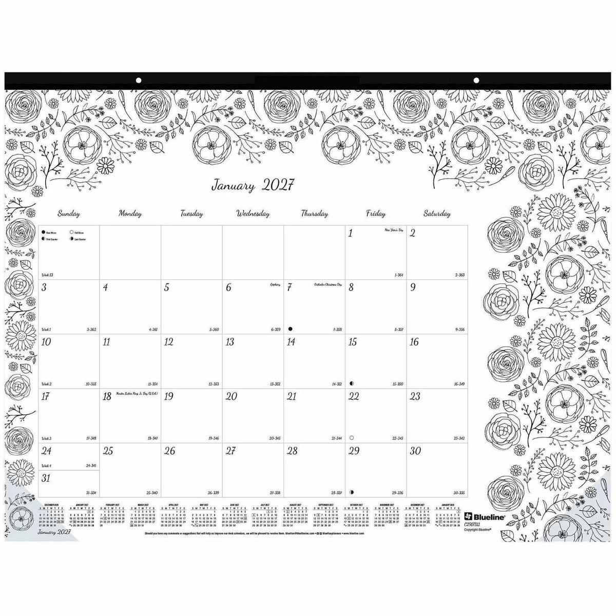 Blueline DoodlePlan Desk Pad - Botanica - Julian Dates - Monthly - January 2027 to December 2027 - 1 Month Single Page L