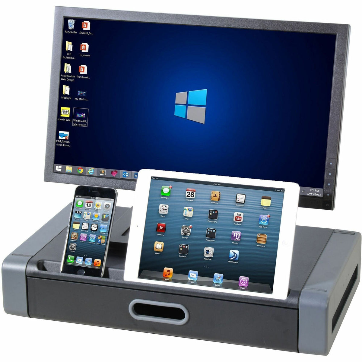 Kantek Monitor Riser with Drawer and Tablet/Smartphone Slot - 4" Height x 19" Width x 11" Depth - Polystyrene - Black, G
