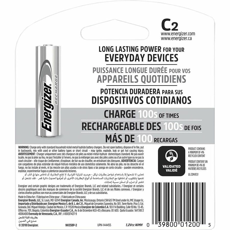 Energizer Recharge Universal Rechargeable C Battery 2-Packs - For Multipurpose - Battery Rechargeable - C - 2/Pack - 24 