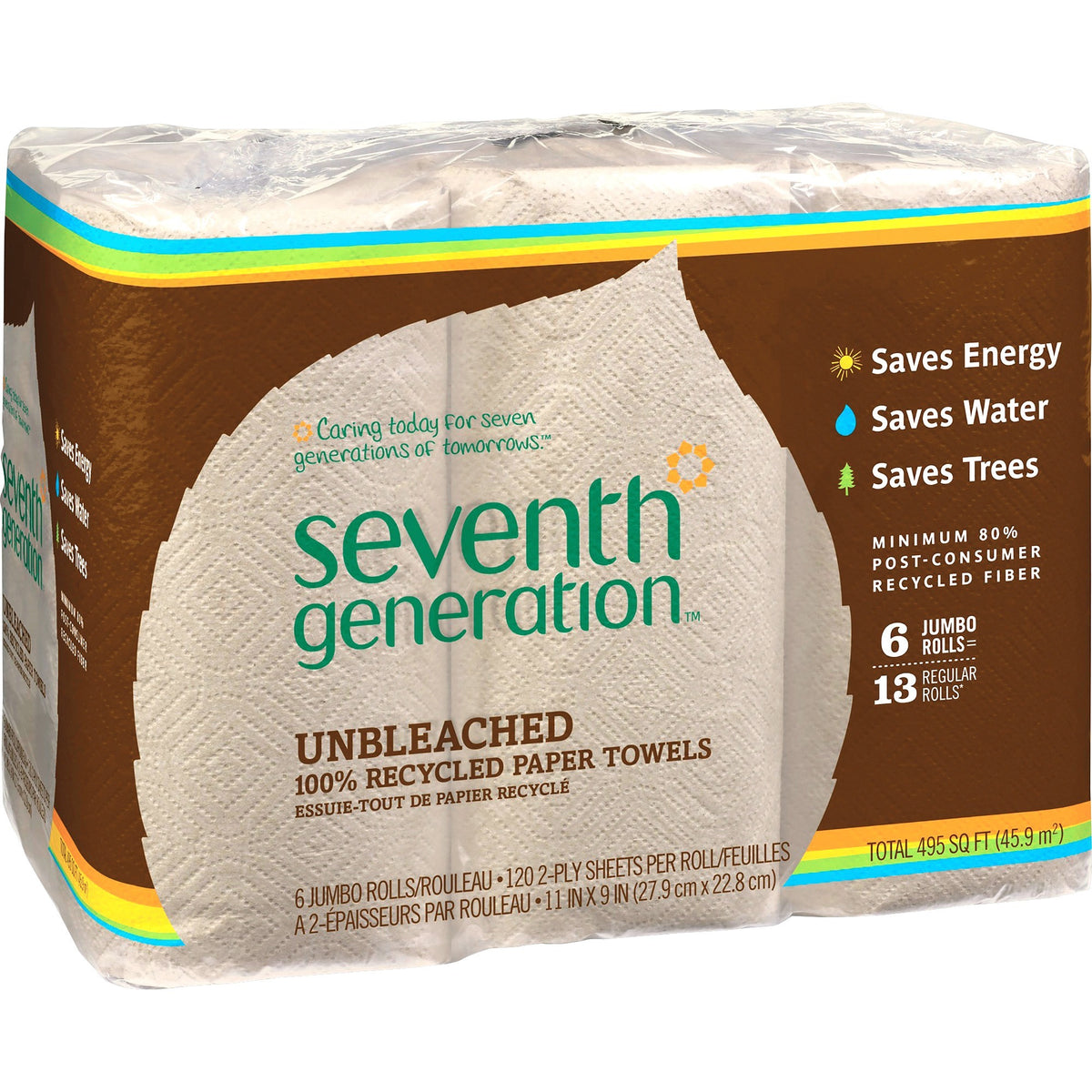 Seventh Generation 100% Recycled Paper Towels - 2 Ply - 11" Width x 9" Length - 120 Sheets/Roll - Natural - Paper - 6/Pa