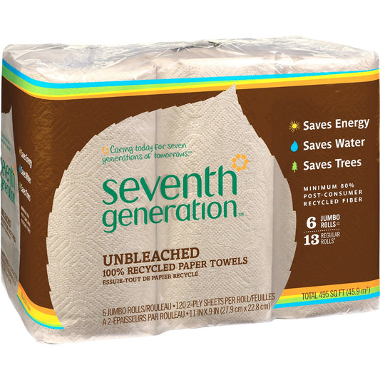 Seventh Generation 100% Recycled Paper Towels - 2 Ply - 11" Width x 9" Length - 120 Sheets/Roll - Natural - Paper - 6/Pa
