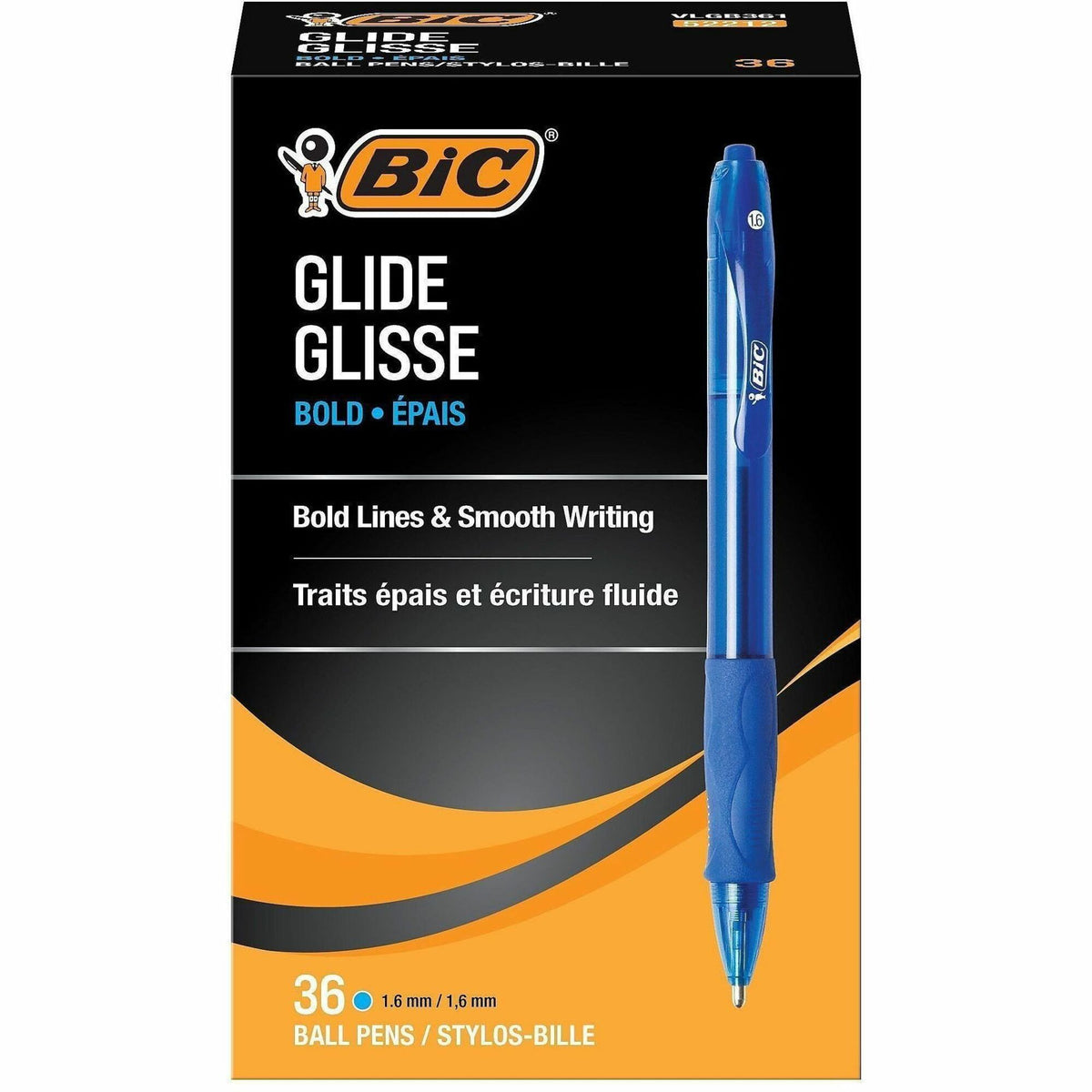 BIC Glide Bold - 1.6 mm Bold Pen Point - Refillable - Retractable - Blue Ink - Blue Barrel - Tungsten Carbide Tip - 36 /