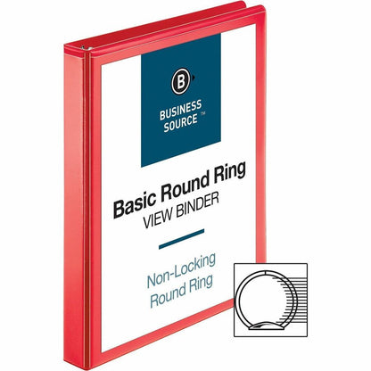 Business Source Round Ring Binder - 1" Binder Capacity - Fastener: Round Ring - Pocket: 2, Internal - Red - Clear Overla