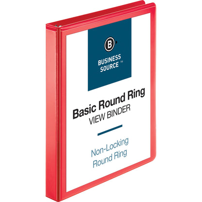 Business Source Round Ring Binder - 1" Binder Capacity - Fastener: Round Ring - Pocket: 2, Internal - Red - Clear Overla