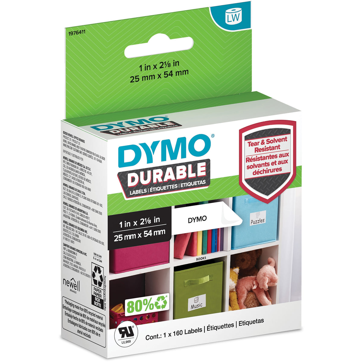 Dymo LabelWriter Labels - 1" Width x 2 1/8" Length - Permanent Adhesive - Thermal Transfer - White - Plastic, Polypropyl