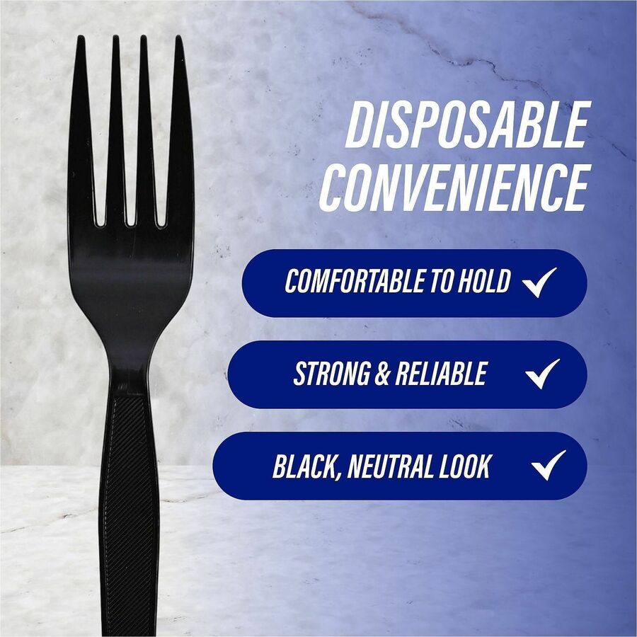 Genuine Joe Medium-Heavyweight Plastic Fork - 1 Piece(s) - Fork - 1 x Fork - Disposable - Textured - Black - 1 Carton