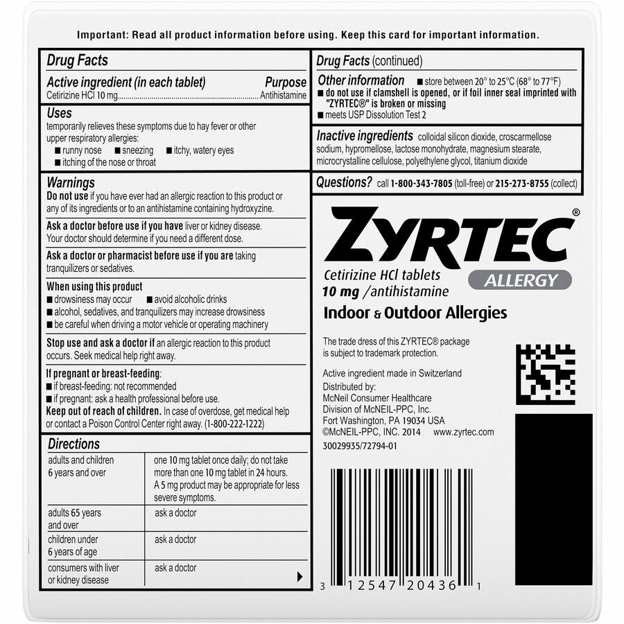 Zyrtec Allergy Tablets - For Runny Nose, Sneezing, Itchy Throat - 30 / Card