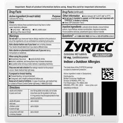 Zyrtec Allergy Tablets - For Runny Nose, Sneezing, Itchy Throat - 30 / Card